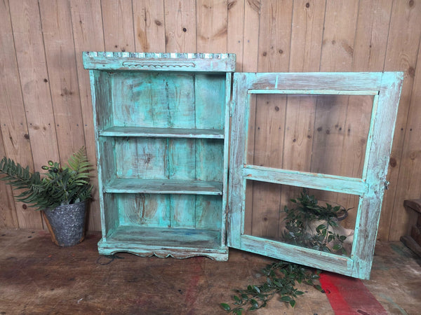 Vintage Indian Wooden Glazed Display Bathroom Kitchen Herb Spice Wall Cabinet