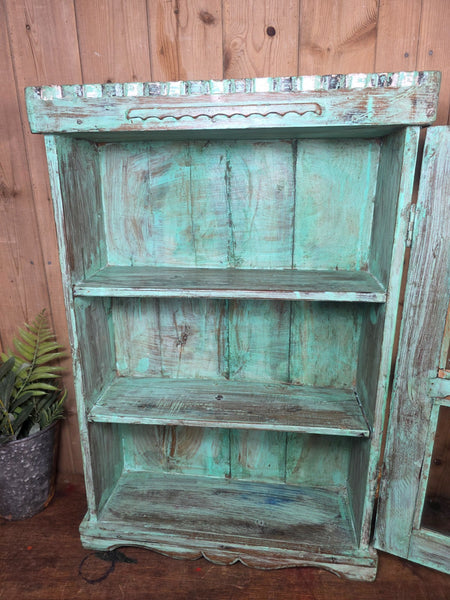 Vintage Indian Wooden Glazed Display Bathroom Kitchen Herb Spice Wall Cabinet