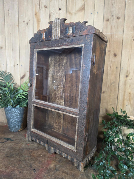 Vintage Indian Wooden Glazed Display Bathroom Kitchen Herb Spice Wall Cabinet