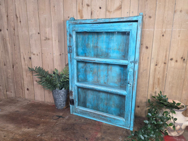 Vintage Indian Wooden Glazed Display Bathroom Kitchen Herb Spice Wall Cabinet