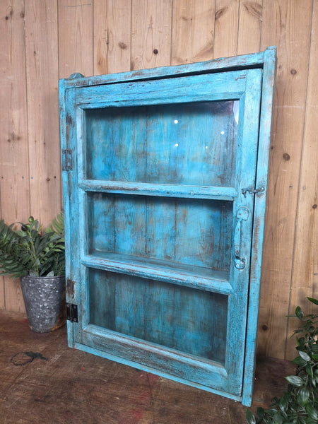 Vintage Indian Wooden Glazed Display Bathroom Kitchen Herb Spice Wall Cabinet