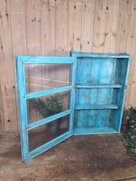 Vintage Indian Wooden Glazed Display Bathroom Kitchen Herb Spice Wall Cabinet