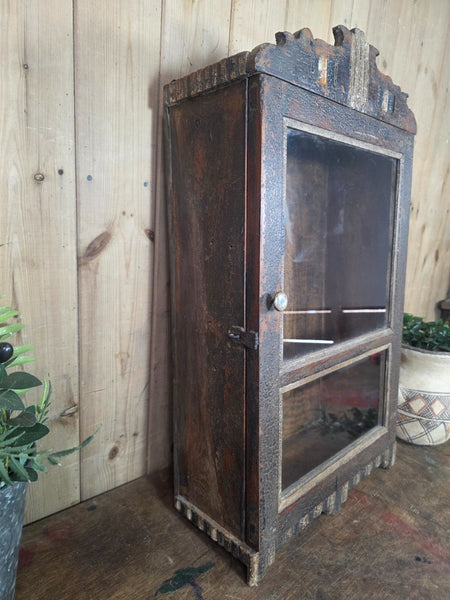 Vintage Indian Wooden Glazed Display Bathroom Kitchen Herb Spice Wall Cabinet