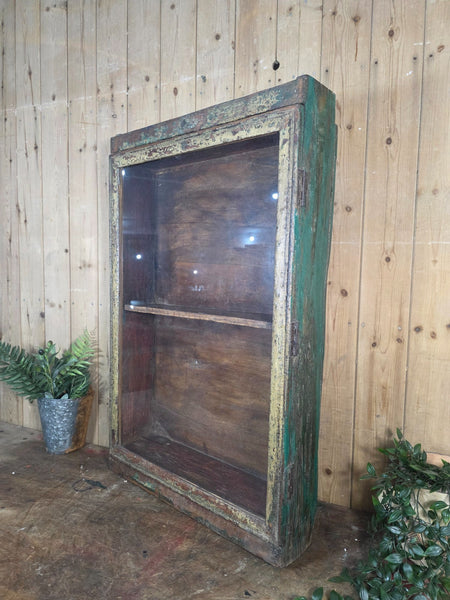 Vintage Indian Wooden Glazed Display Bathroom Kitchen Herb Spice Wall Cabinet