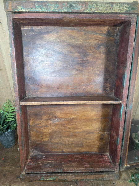 Vintage Indian Wooden Glazed Display Bathroom Kitchen Herb Spice Wall Cabinet