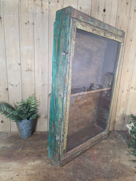 Vintage Indian Wooden Glazed Display Bathroom Kitchen Herb Spice Wall Cabinet