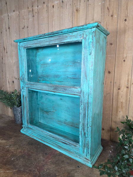 Vintage Indian Wooden Glazed Display Bathroom Kitchen Herb Spice Wall Cabinet