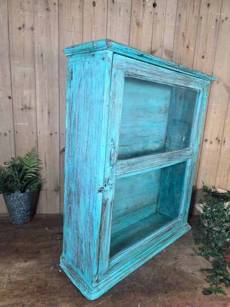 Vintage Indian Wooden Glazed Display Bathroom Kitchen Herb Spice Wall Cabinet