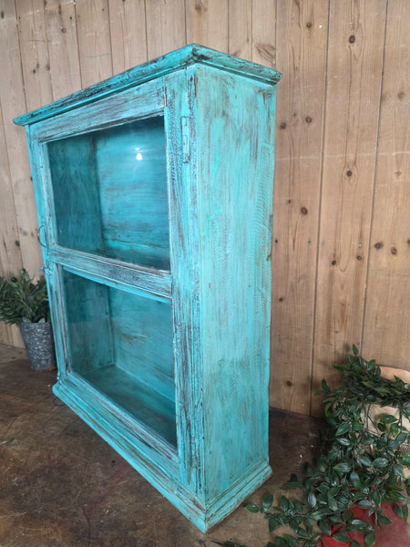 Vintage Indian Wooden Glazed Display Bathroom Kitchen Herb Spice Wall Cabinet