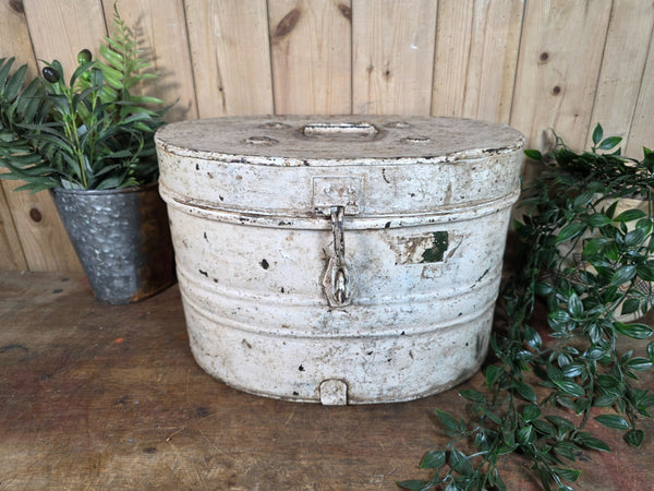 Original Vintage Rustic Painted Metal Hat Storage Box Tin