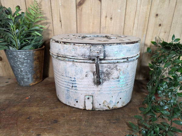 Original Vintage Rustic Painted Metal Hat Storage Box Tin