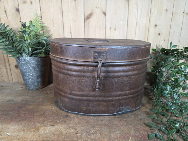 Original Vintage Rustic Painted Metal Hat Storage Box Tin