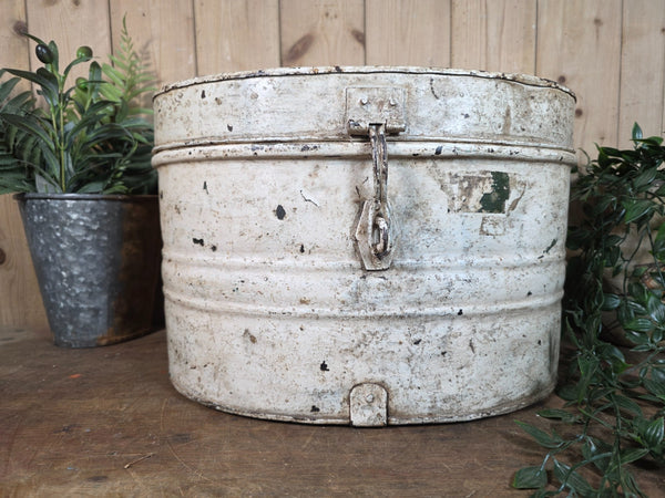 Original Vintage Rustic Painted Metal Hat Storage Box Tin