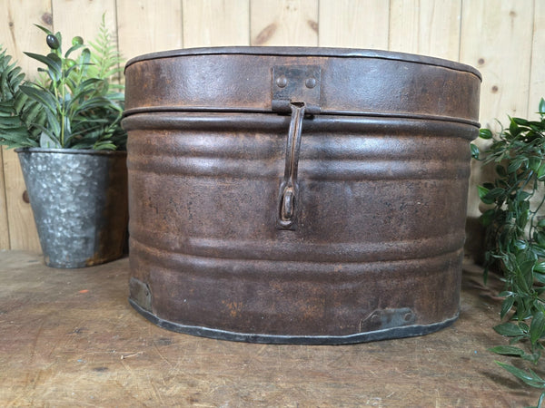 Original Vintage Rustic Painted Metal Hat Storage Box Tin