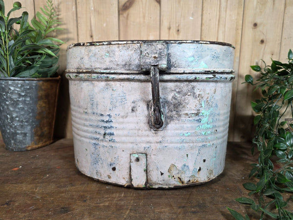Original Vintage Rustic Painted Metal Hat Storage Box Tin