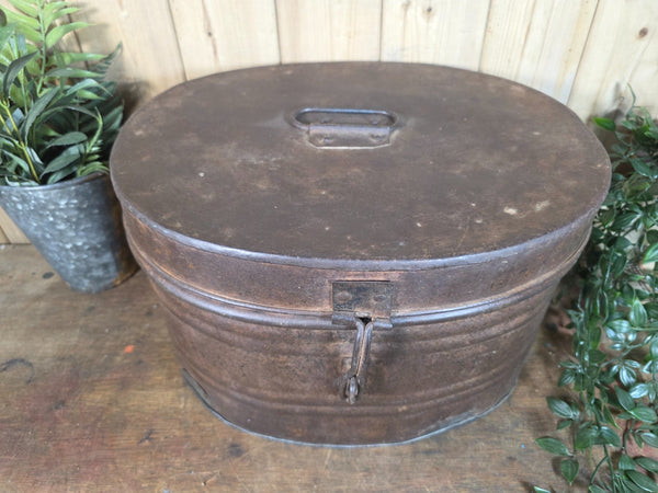 Original Vintage Rustic Painted Metal Hat Storage Box Tin