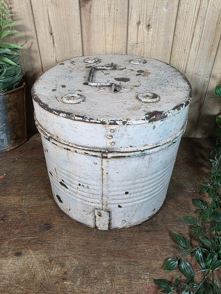 Original Vintage Rustic Painted Metal Hat Storage Box Tin