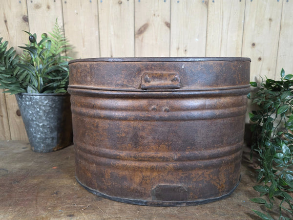 Original Vintage Rustic Painted Metal Hat Storage Box Tin