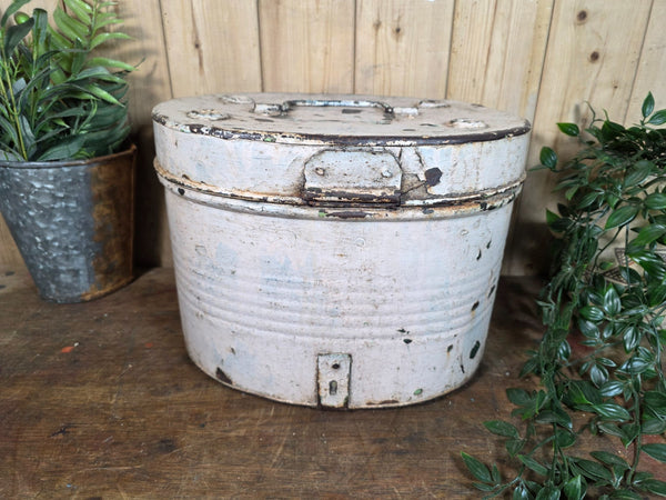 Original Vintage Rustic Painted Metal Hat Storage Box Tin