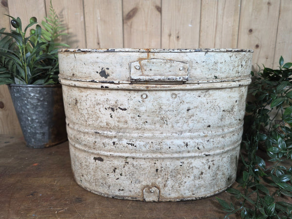 Original Vintage Rustic Painted Metal Hat Storage Box Tin