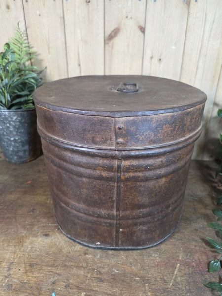 Original Vintage Rustic Painted Metal Hat Storage Box Tin