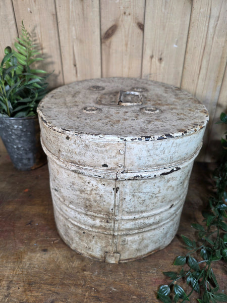 Original Vintage Rustic Painted Metal Hat Storage Box Tin