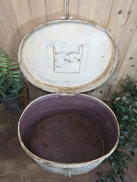 Original Vintage Rustic Painted Metal Hat Storage Box Tin