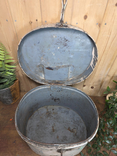 Original Vintage Rustic Painted Metal Hat Storage Box Tin