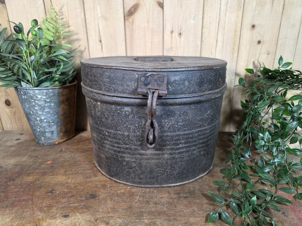 Original Vintage Rustic Painted Metal Hat Storage Box Tin