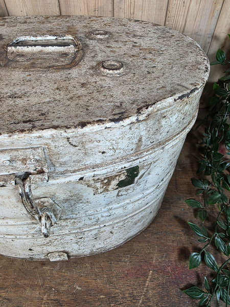 Original Vintage Rustic Painted Metal Hat Storage Box Tin