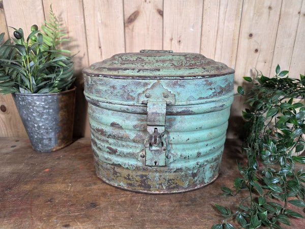 Original Vintage Rustic Painted Metal Hat Storage Box Tin