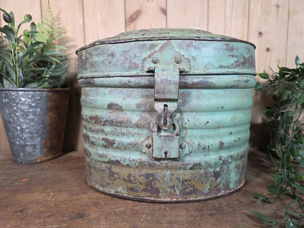 Original Vintage Rustic Painted Metal Hat Storage Box Tin