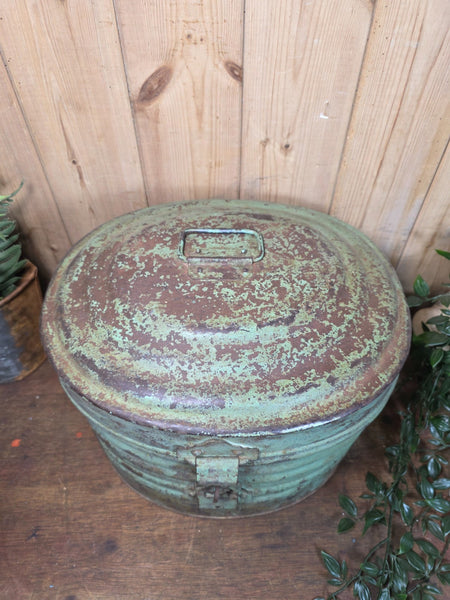 Original Vintage Rustic Painted Metal Hat Storage Box Tin