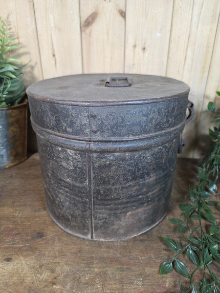 Original Vintage Rustic Painted Metal Hat Storage Box Tin