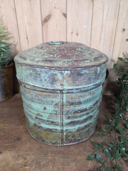 Original Vintage Rustic Painted Metal Hat Storage Box Tin