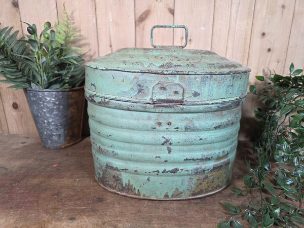 Original Vintage Rustic Painted Metal Hat Storage Box Tin