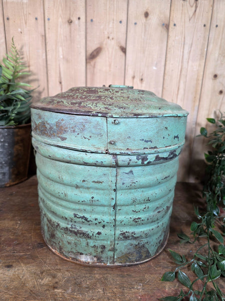 Original Vintage Rustic Painted Metal Hat Storage Box Tin