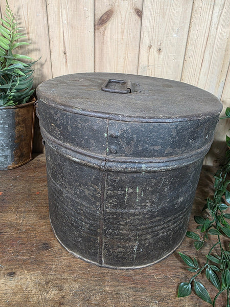 Original Vintage Rustic Painted Metal Hat Storage Box Tin