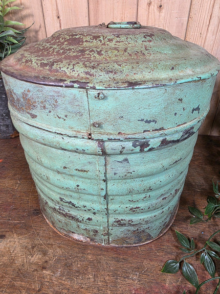 Original Vintage Rustic Painted Metal Hat Storage Box Tin