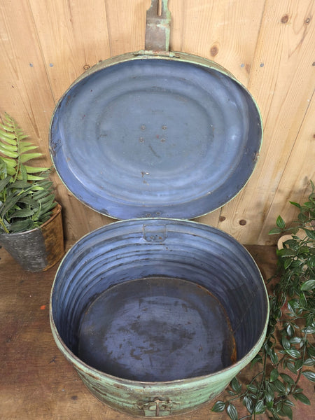 Original Vintage Rustic Painted Metal Hat Storage Box Tin
