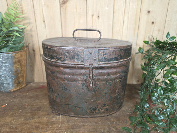 Original Vintage Rustic Painted Metal Hat Storage Box Tin