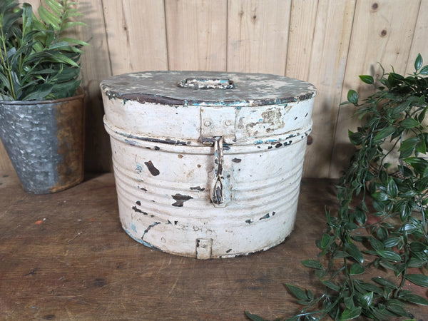 Original Vintage Rustic Painted Metal Hat Storage Box Tin