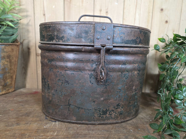Original Vintage Rustic Painted Metal Hat Storage Box Tin