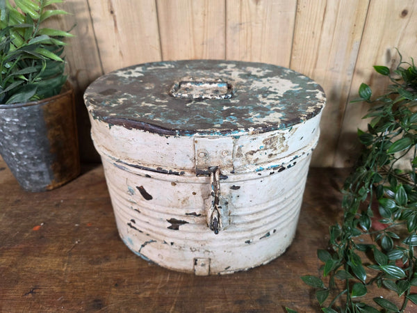 Original Vintage Rustic Painted Metal Hat Storage Box Tin
