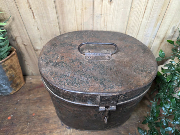 Original Vintage Rustic Painted Metal Hat Storage Box Tin