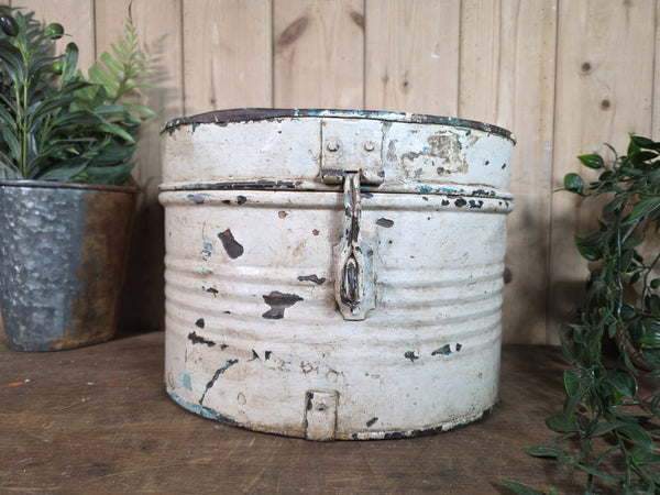 Original Vintage Rustic Painted Metal Hat Storage Box Tin