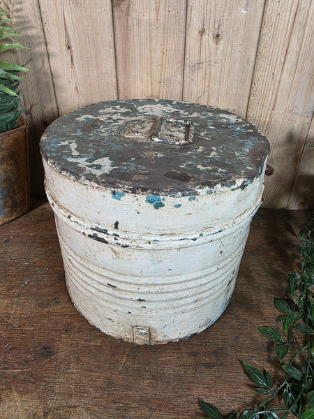 Original Vintage Rustic Painted Metal Hat Storage Box Tin