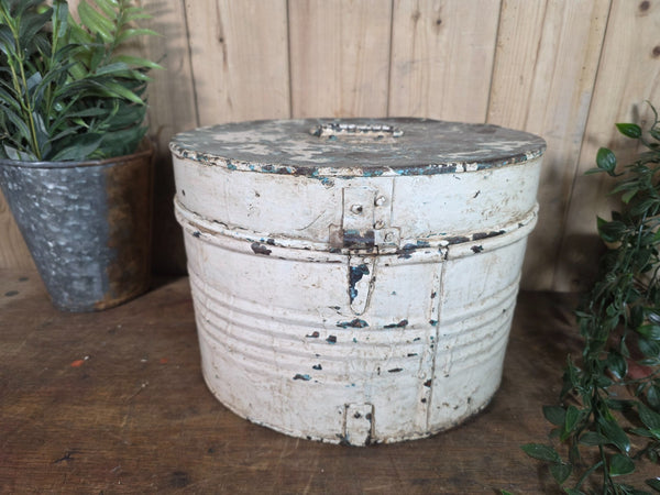 Original Vintage Rustic Painted Metal Hat Storage Box Tin