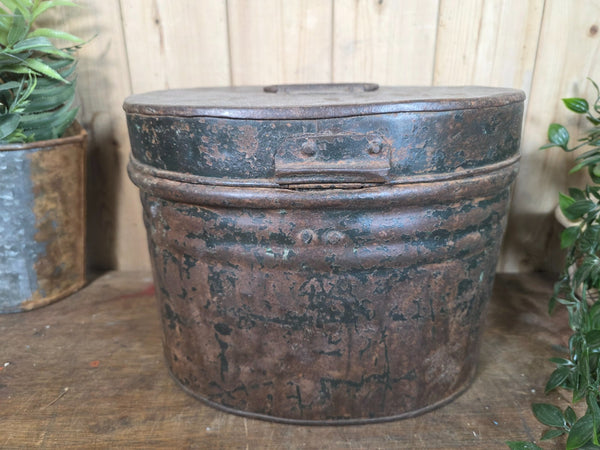Original Vintage Rustic Painted Metal Hat Storage Box Tin