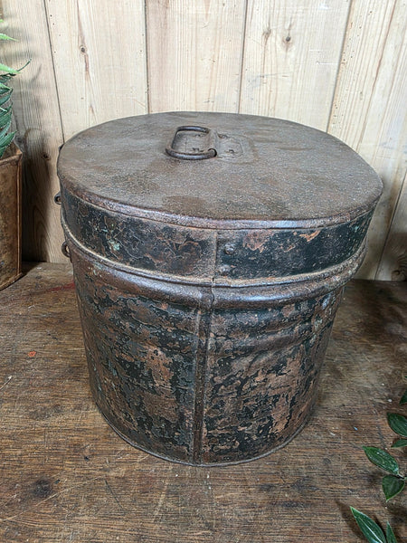 Original Vintage Rustic Painted Metal Hat Storage Box Tin